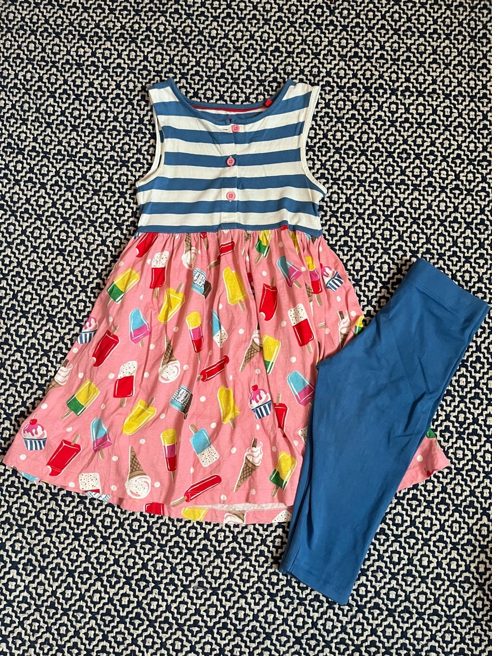 Mini Boden Pink Ice Cream & Blue Stripe Dress with Blue Leggings